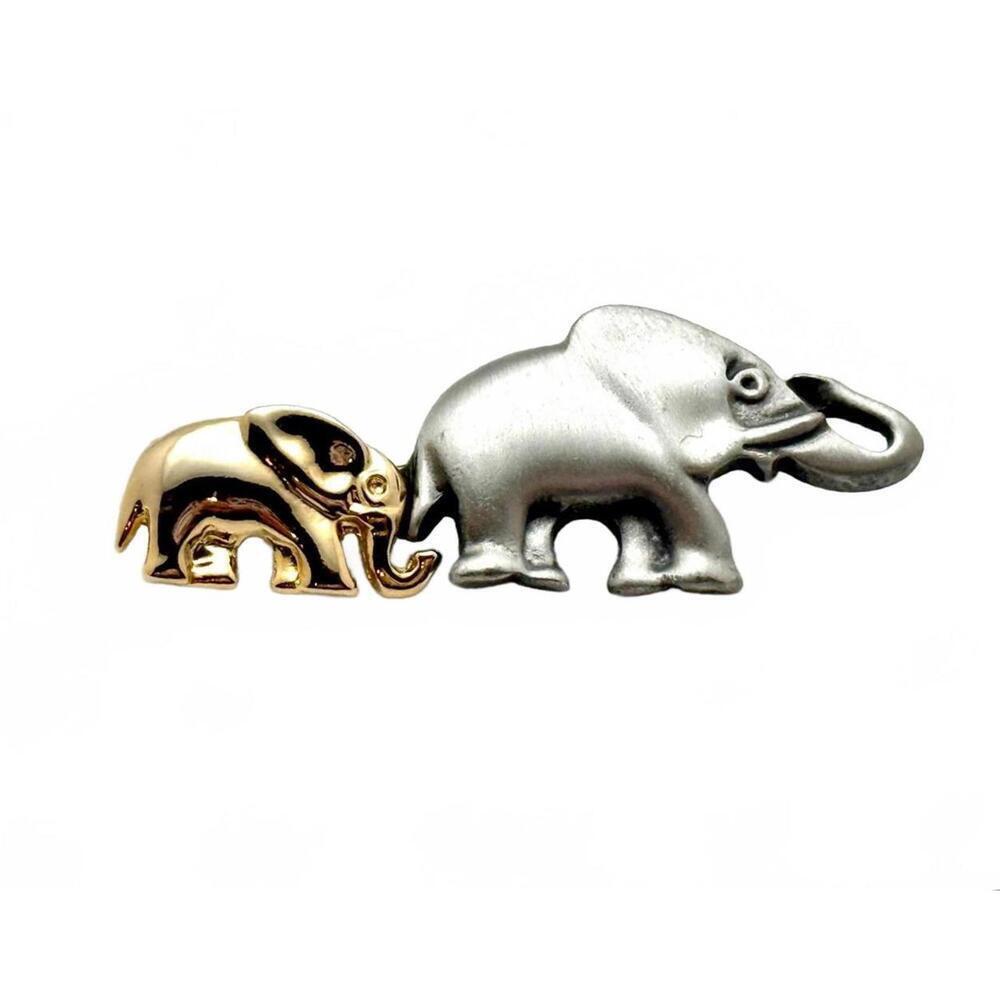 Vintage Two-Tone Elephant Brooch Mother & Baby Silver Gold Tone Animal Pin